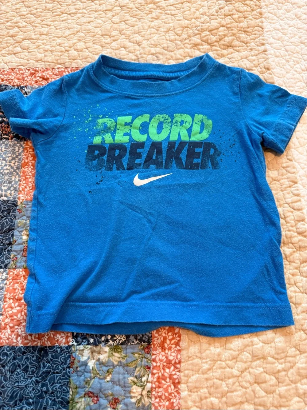 Nike Blue Tee with Green & Navy 'Record Breaker' Graphic